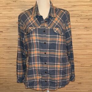 L.L. Bean Blue Plaid Button Down Shirt large pet organic cotton flannel EUC!